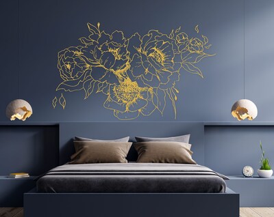 Peonies Wall Decal - Gold Peony Wall Decal - Flowers Vinyl Print Sticker, Floral Room Decor se184 - image2